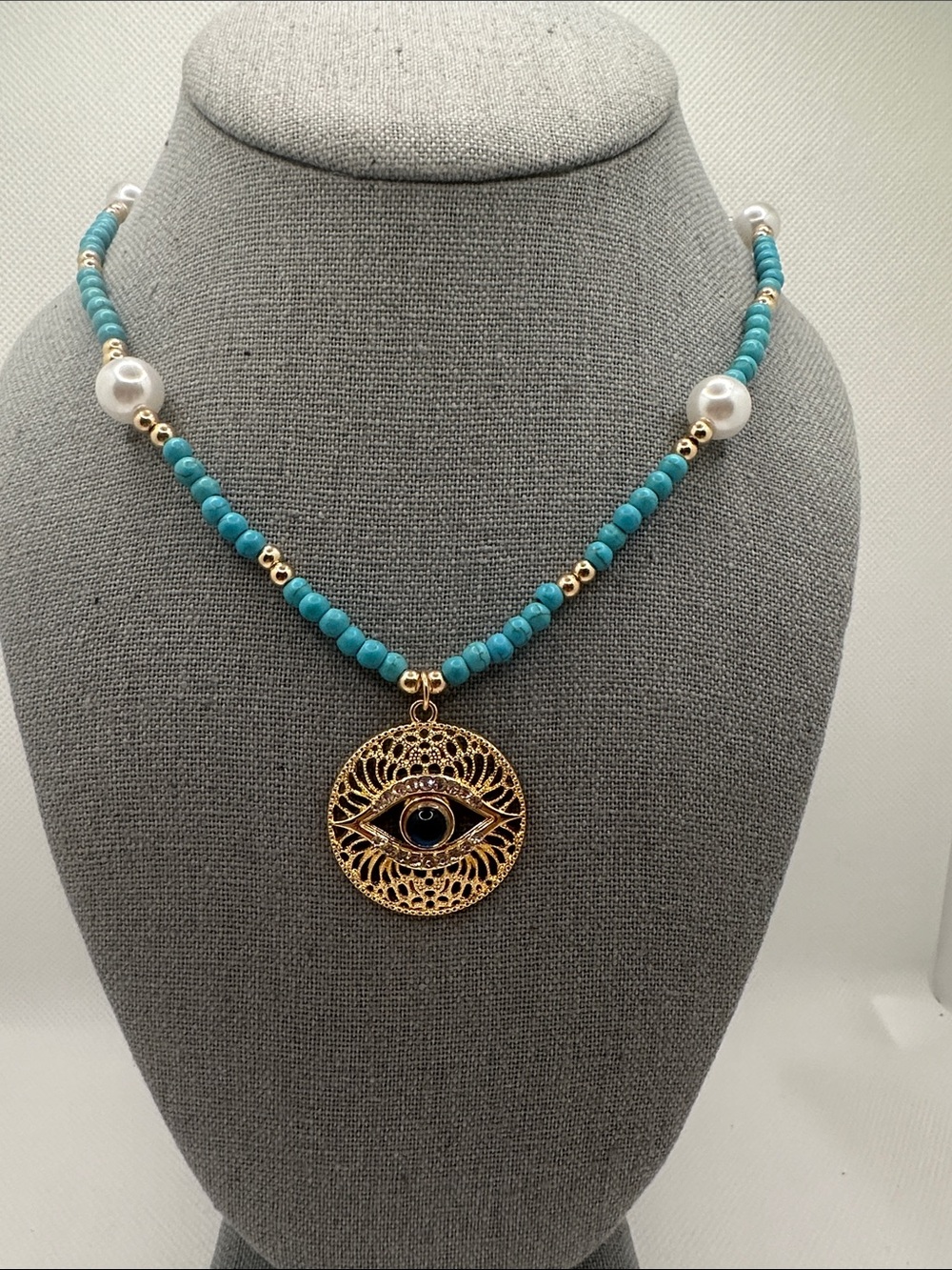 Turquoise Beaded Gold Evil Eye Necklace with Pearl Accents